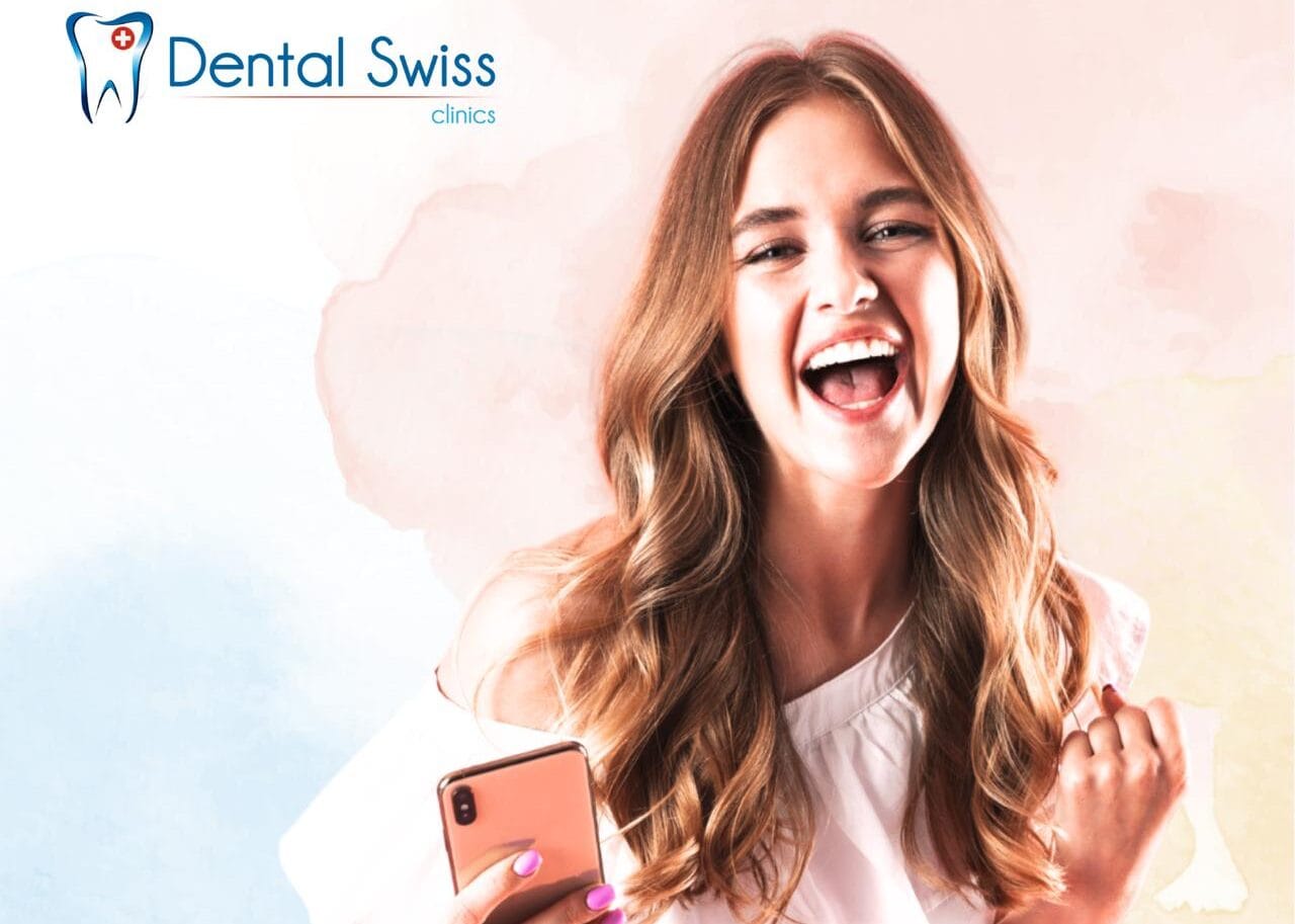 Radiant smile with perfect teeth, happy young woman holding a phone, promoting aesthetic dental care at Dental Swiss Clinics.
