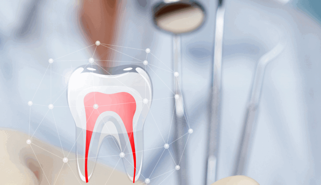 T clone dentaire illustré avec structure intérieure et outils dentaires en arrière-plan, concept de soins dentaires et endodontie.